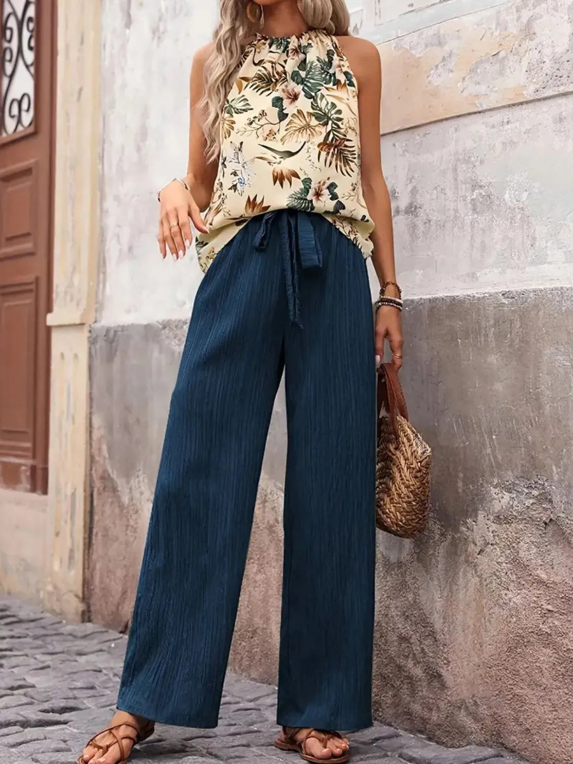 Printed Tank Top and Wide Leg Pants Set - Peacock Blue