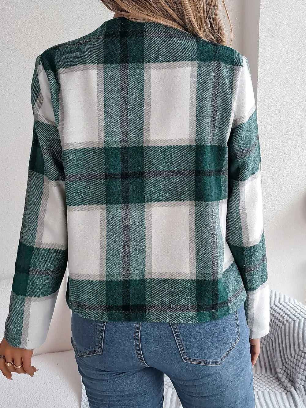 Plaid Open Front Long Sleeve Jacket - Dark Green