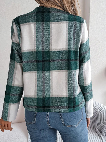 Plaid Open Front Long Sleeve Jacket - Dark Green