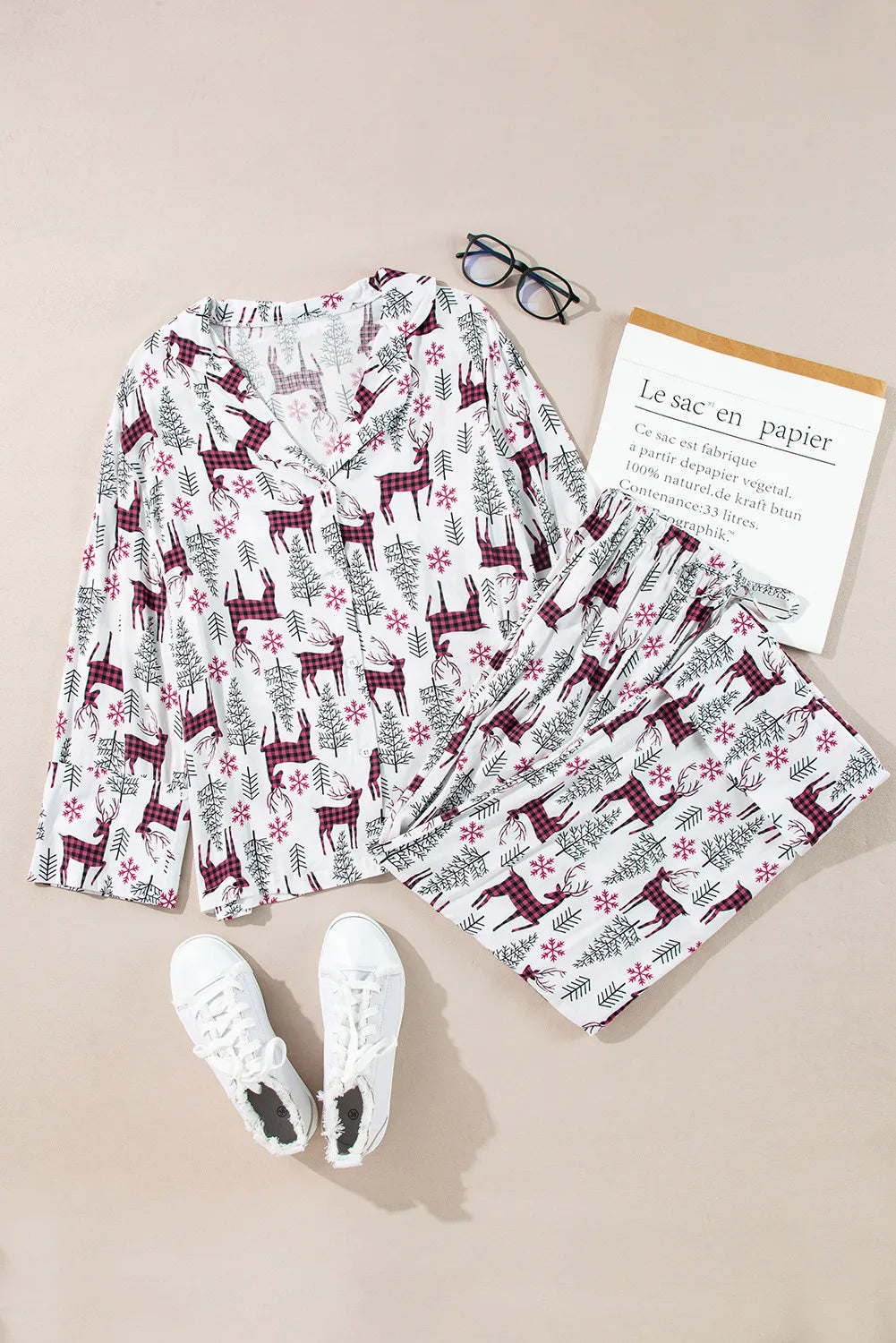 Printed Long Sleeve Top and Drawstring Pants Lounge Set -