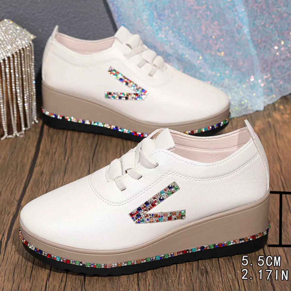 Rhinestone Round Toe Wedge Sneakers -