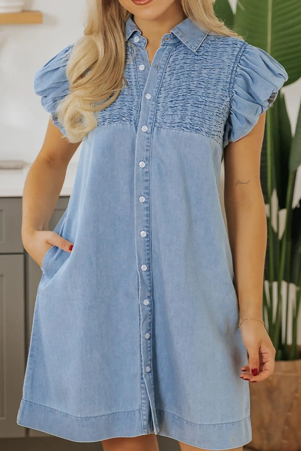 Smocked Collared Neck Cap Sleeve Denim Dress -