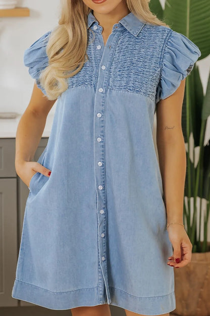 Smocked Collared Neck Cap Sleeve Denim Dress -