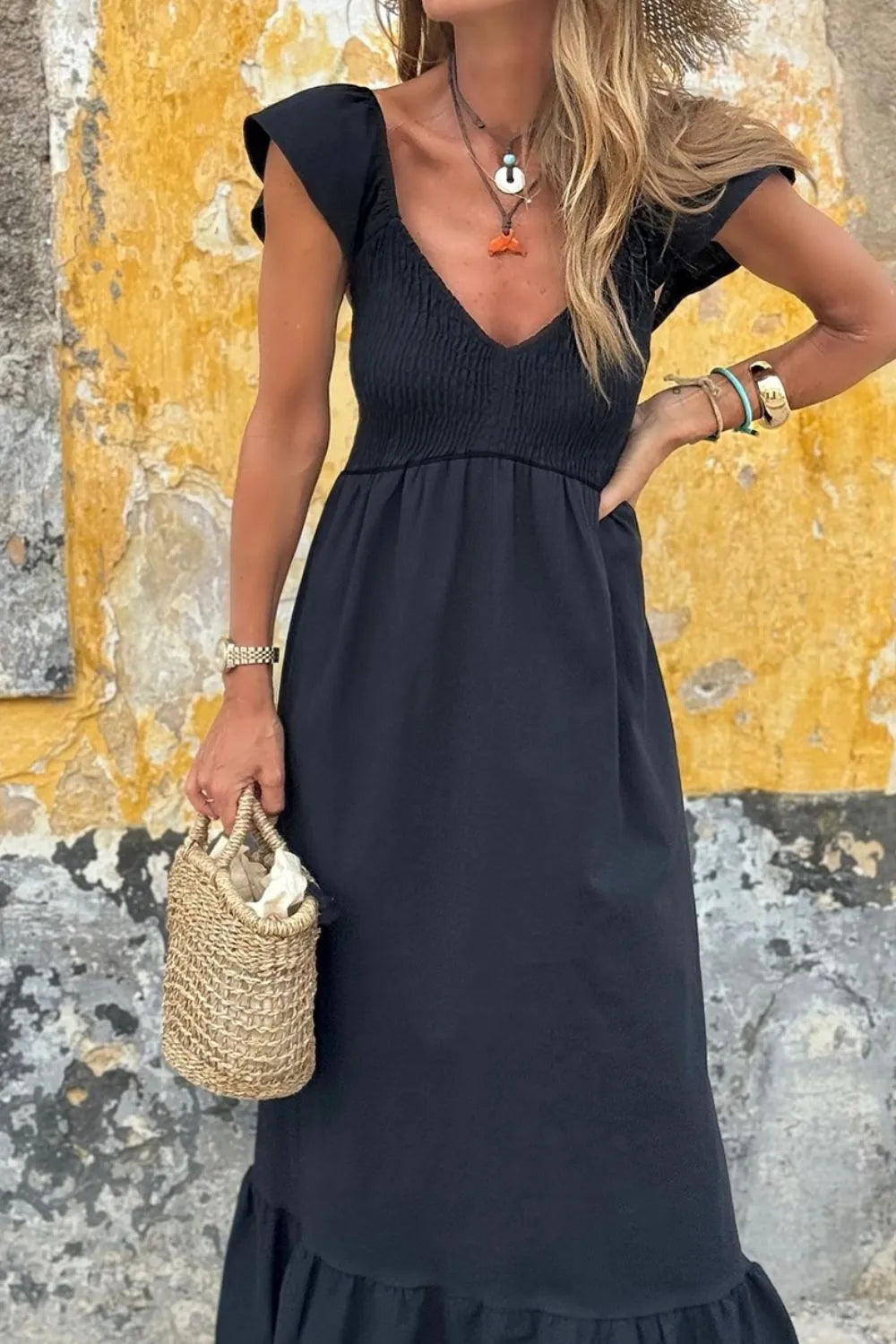 V-Neck Cap Sleeve Smocked Maxi Dress -