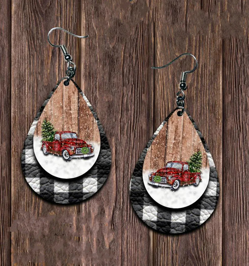 PU Leather Plaid Teardrop Earrings - Black One Size