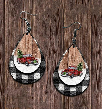 PU Leather Plaid Teardrop Earrings - Black One Size