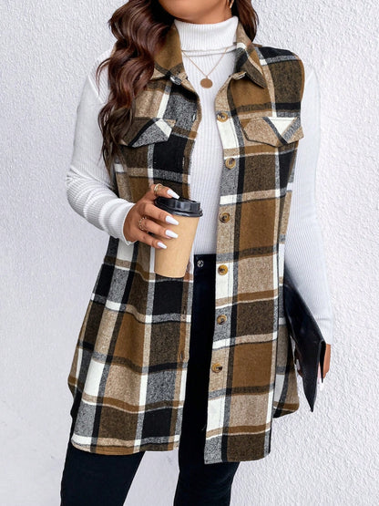 Plus Size Pocketed Plaid Button Up Vest Coat - Camel