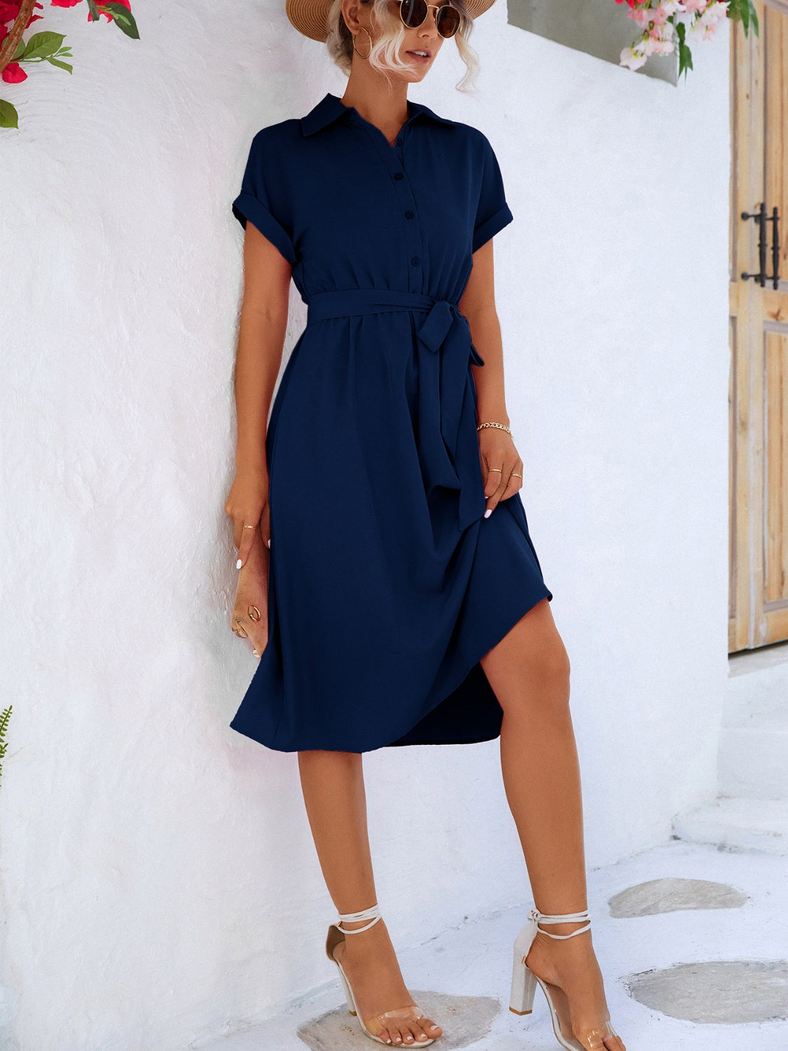 Buttoned Tie Waist Dress - Navy Blue