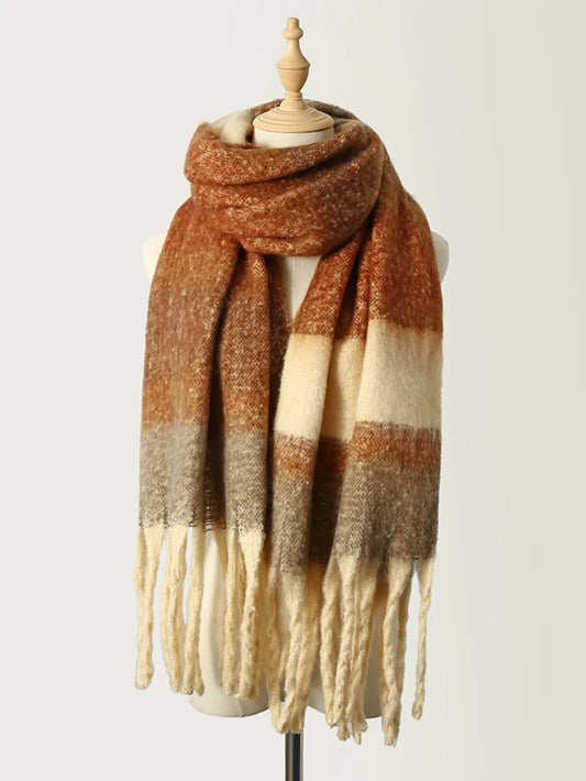 Fringe Color Block Polyester Scarf - Caramel One Size