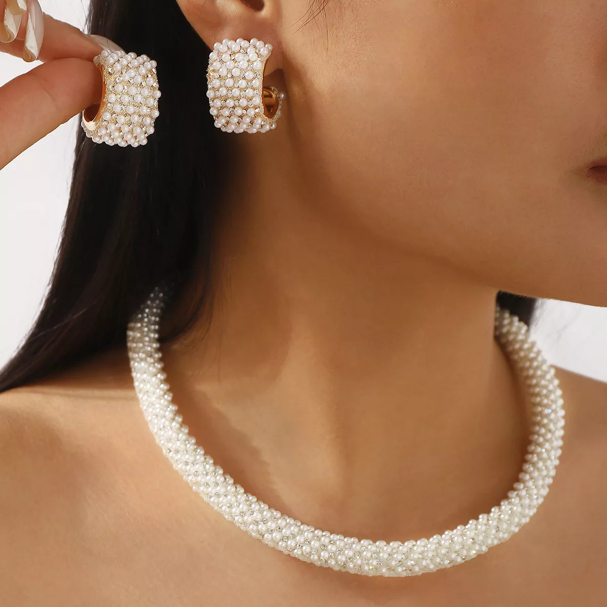 Pearl Embellished Earrings and Necklace Jewelry Set -