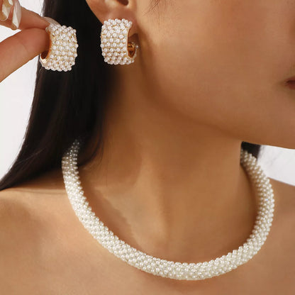 Pearl Embellished Earrings and Necklace Jewelry Set -