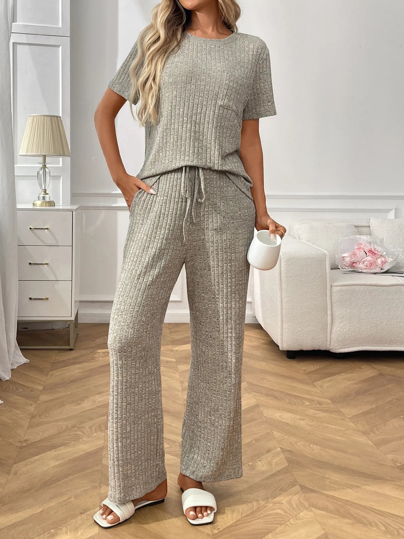 Ribbed Knit Short Sleeve Top and Pants Lounge Set -