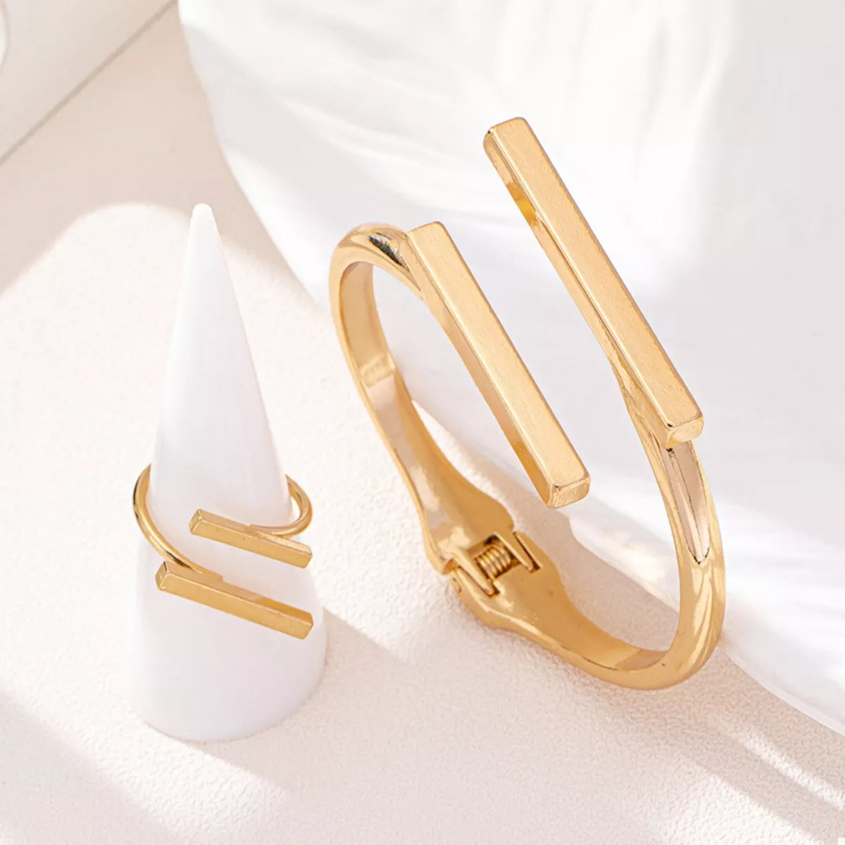 Adjustable Modern Bar Bracelet and Ring Jewelry Set -