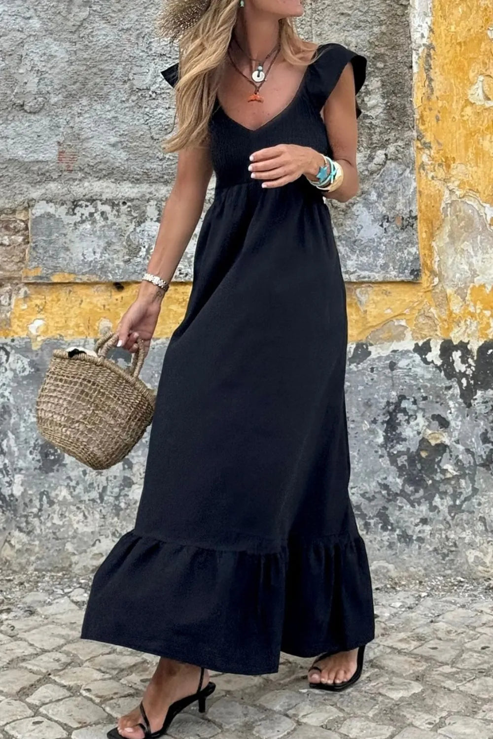 V-Neck Cap Sleeve Smocked Maxi Dress -