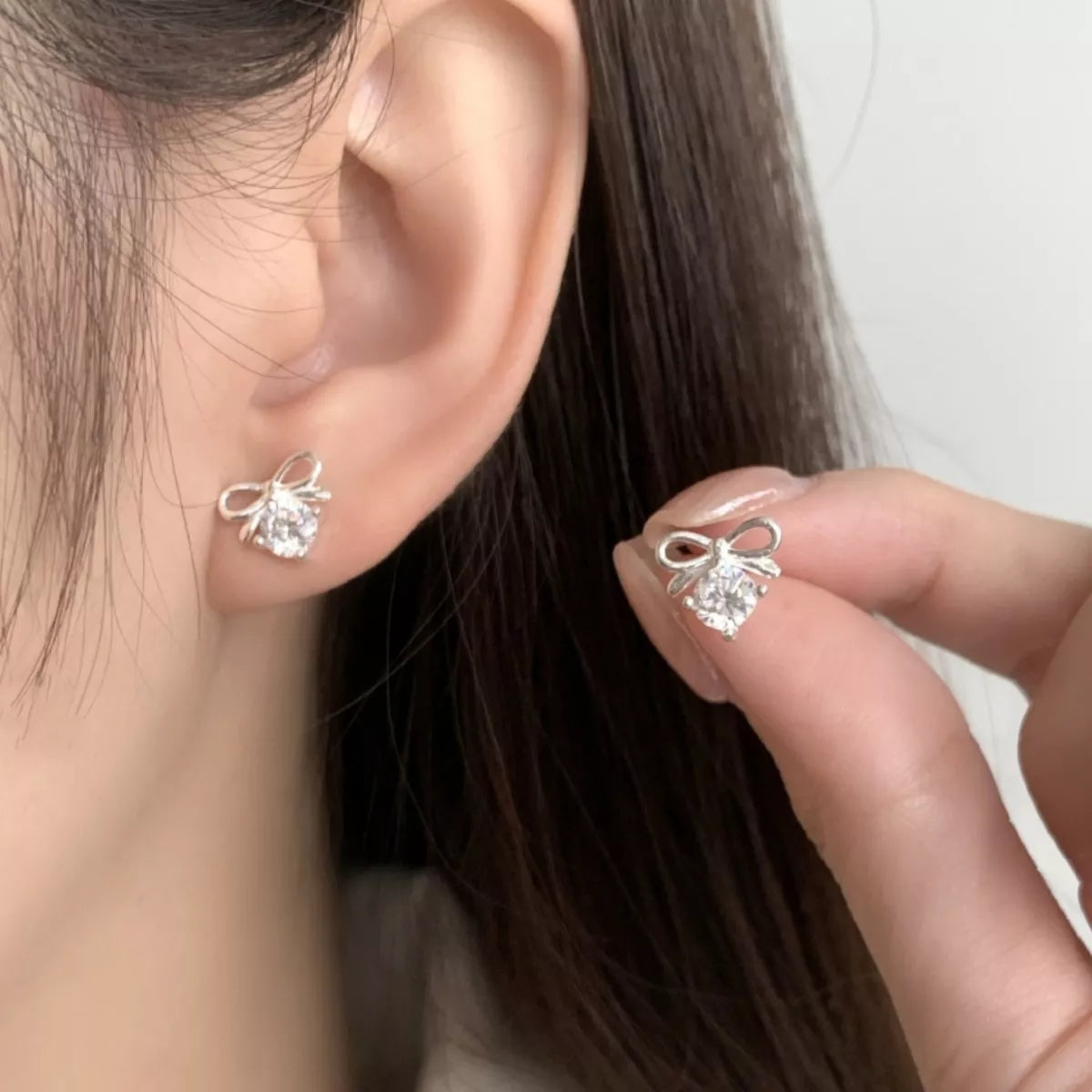 Bowknot Stud Earrings - Silver One Size