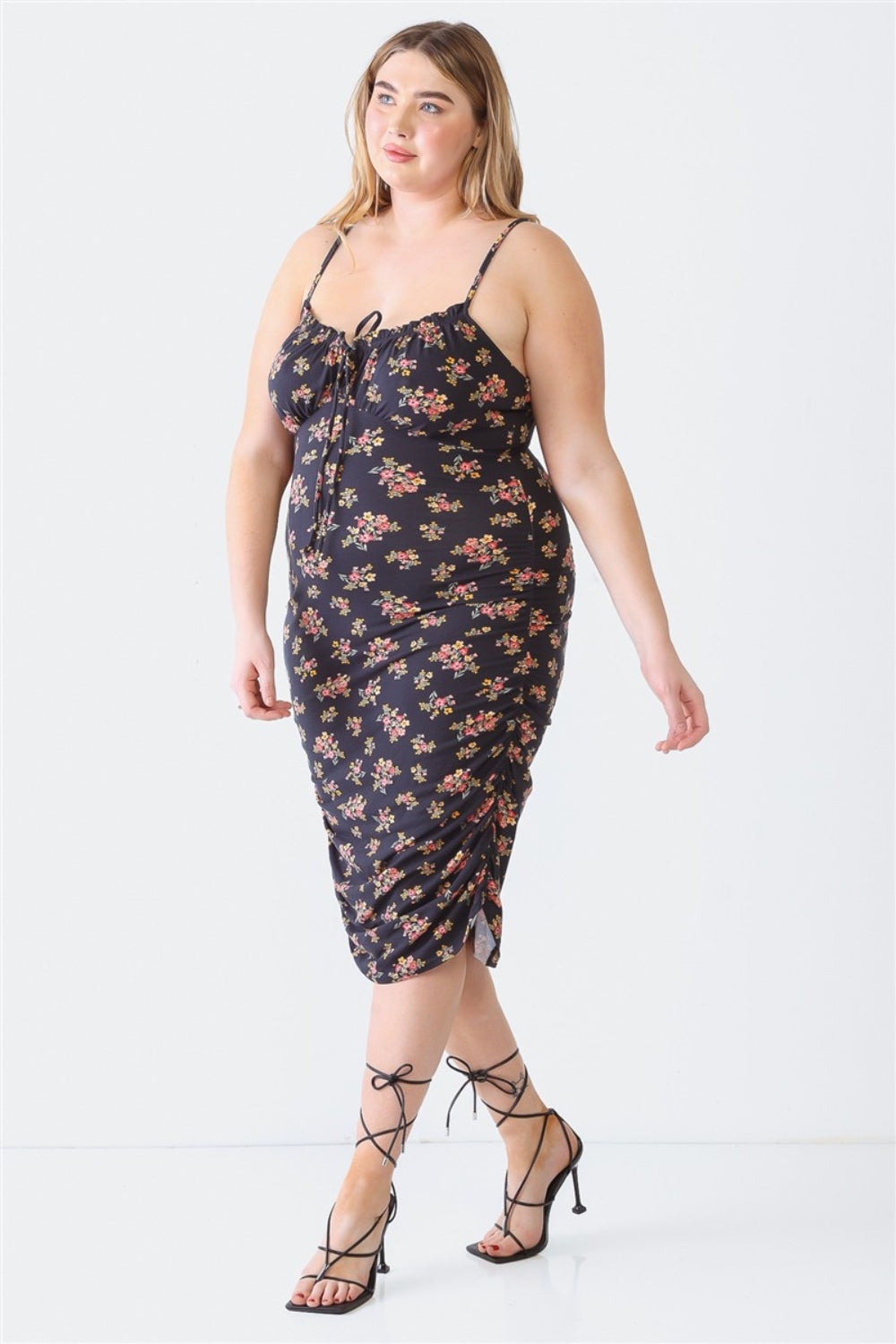 Plus Size Ruched Floral Square Neck Cami Dress - Black