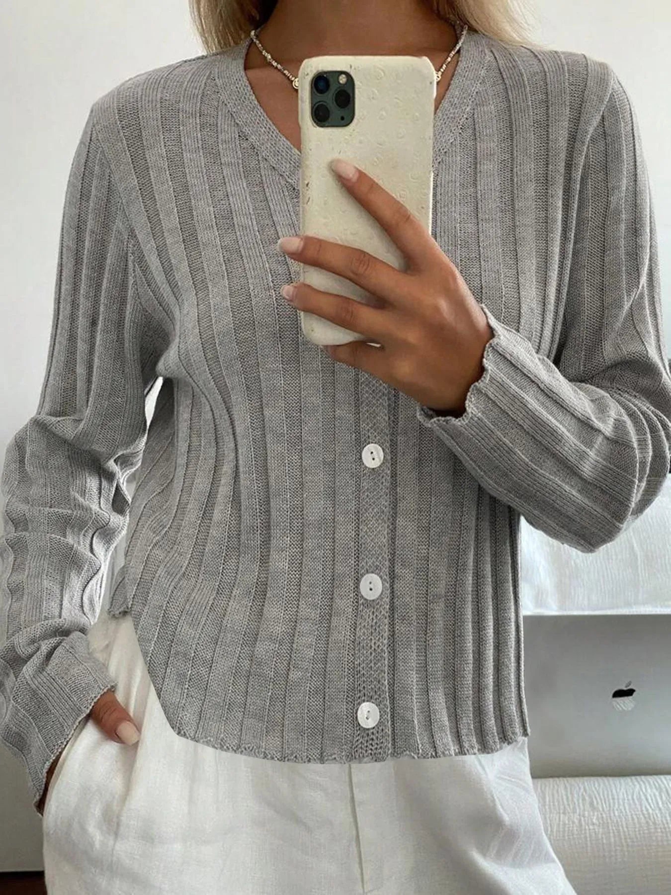 Ribbed Button-Up V-Neck Cardigan - Gray