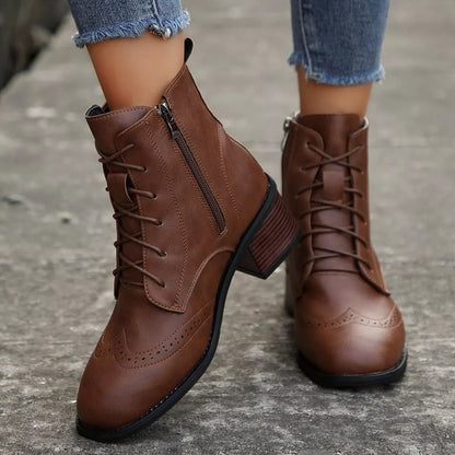 Lace-Up Ankle Boots with Zipper - Dark Brown