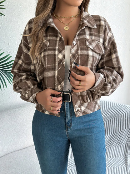 Plaid Button Up Long Sleeve Jacket - Taupe