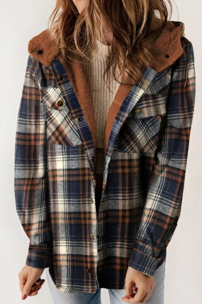 Plaid Button Up Long Sleeve Hooded Jacket - Dark Blue