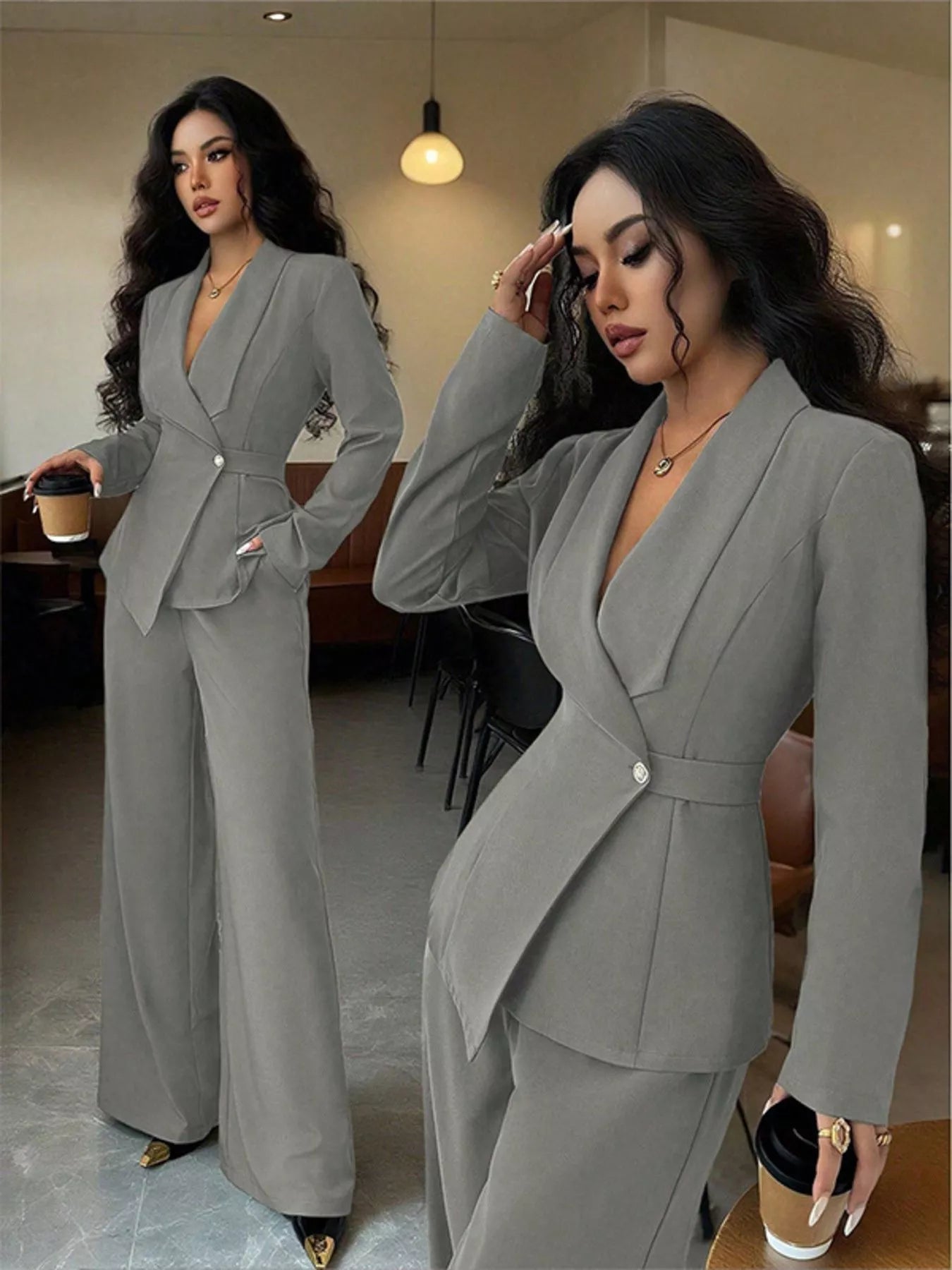 One Button Blazer and Pants Set -