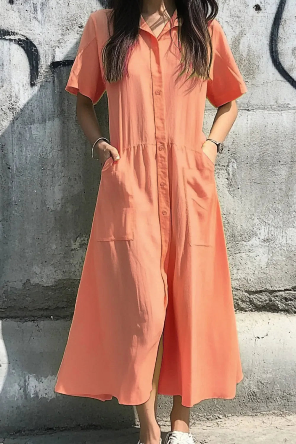 Button Front Short Sleeve Midi Dress - Orange