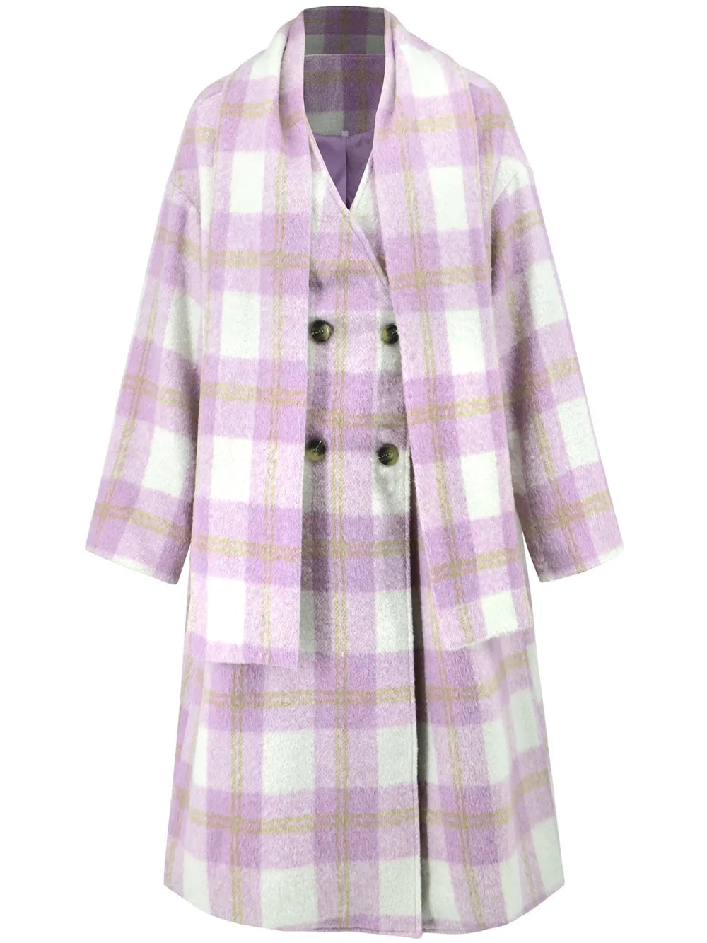 Plaid Button Up Long Sleeve Coat - Pink Purple
