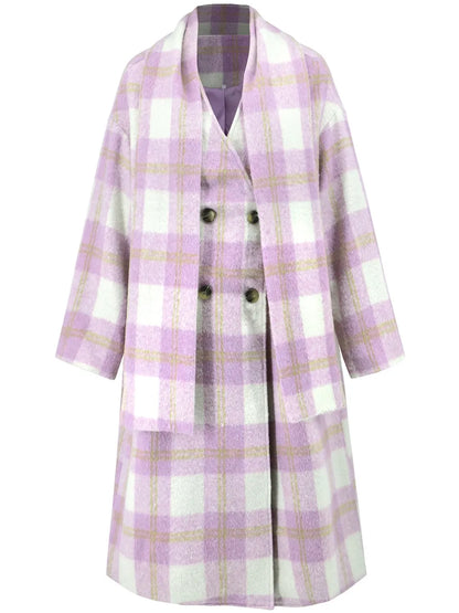 Plaid Button Up Long Sleeve Coat - Pink Purple