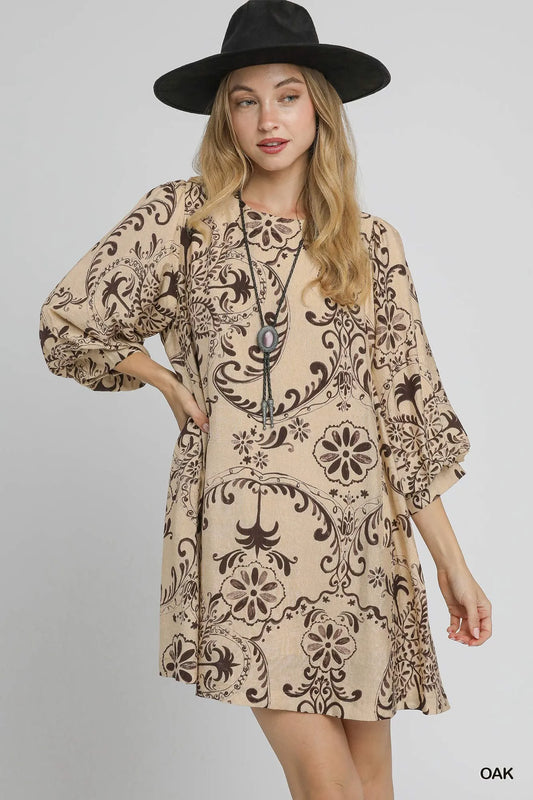 Boho Printed Balloon Sleeve Mini Dress - Oak