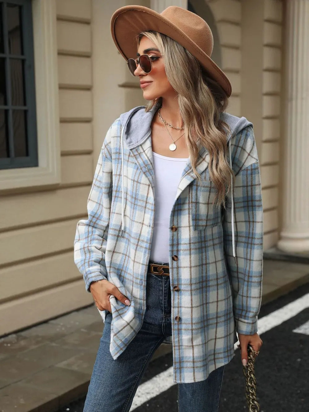 Drawstring Plaid Button Up Hooded Jacket -