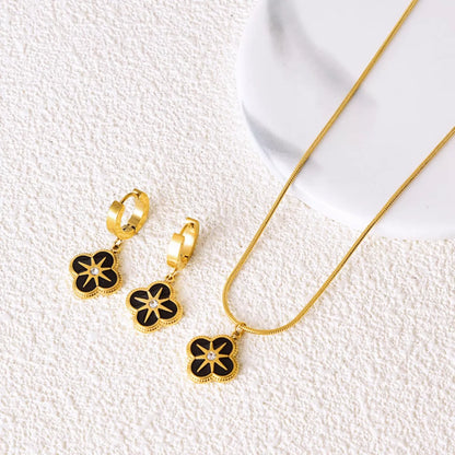 Four-Leaf Clover Pendant Necklace and Earrings Jewelry Set -