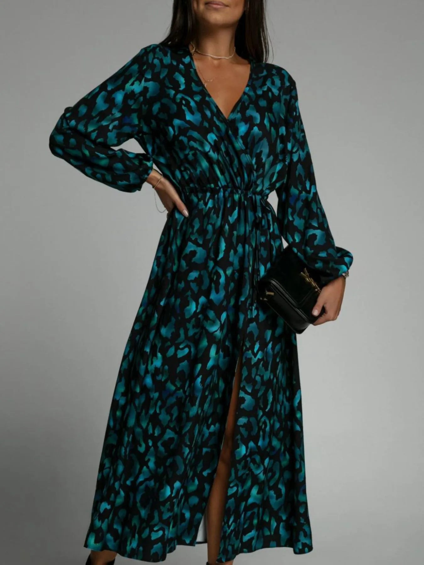 Printed Surplice Long Sleeve Midi Dress - Green