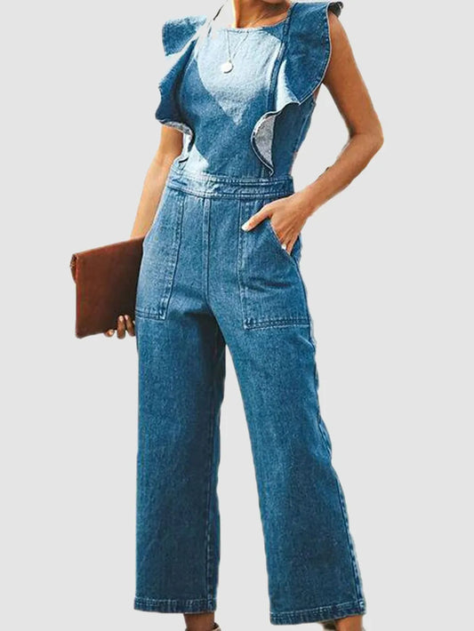 Ruffled Backless Sleeveless Denim Jumpsuit - Medium