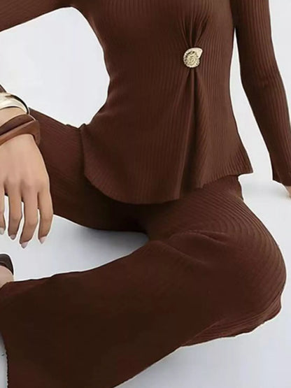 Ribbed Knit Round Neck Top and Pants Sweater Set -