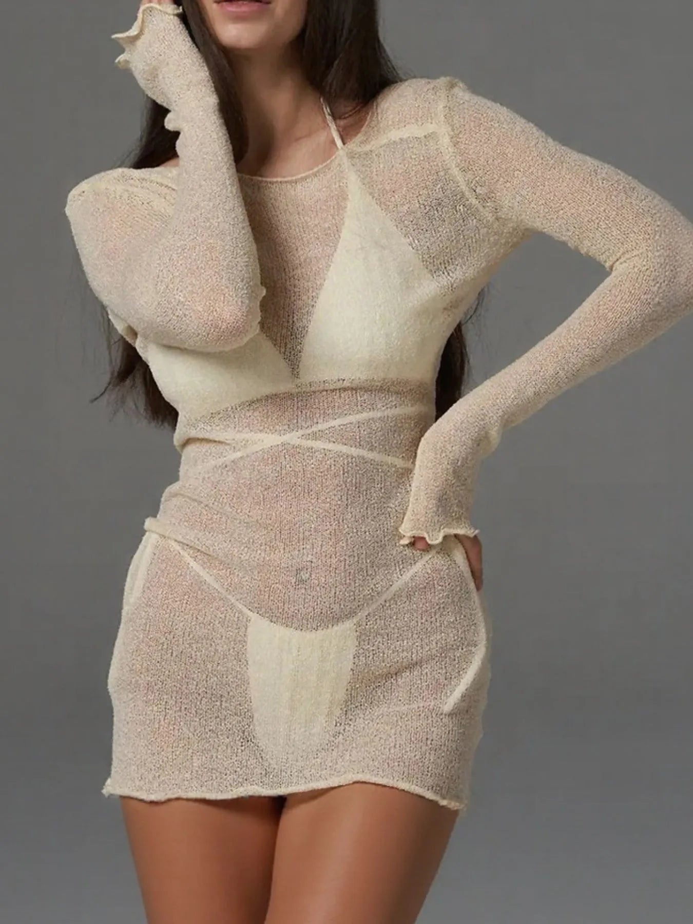 Sheer Backless Long Sleeve Mini Cover-Up Dress -