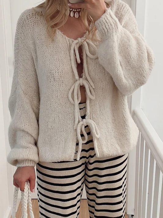 Tied Long Sleeve Dropped Shoulder Cardigan - Beige