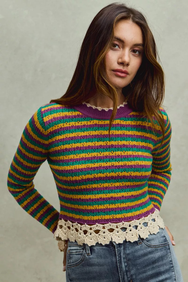 Mardi Gras Striped Cropped Knit Top -