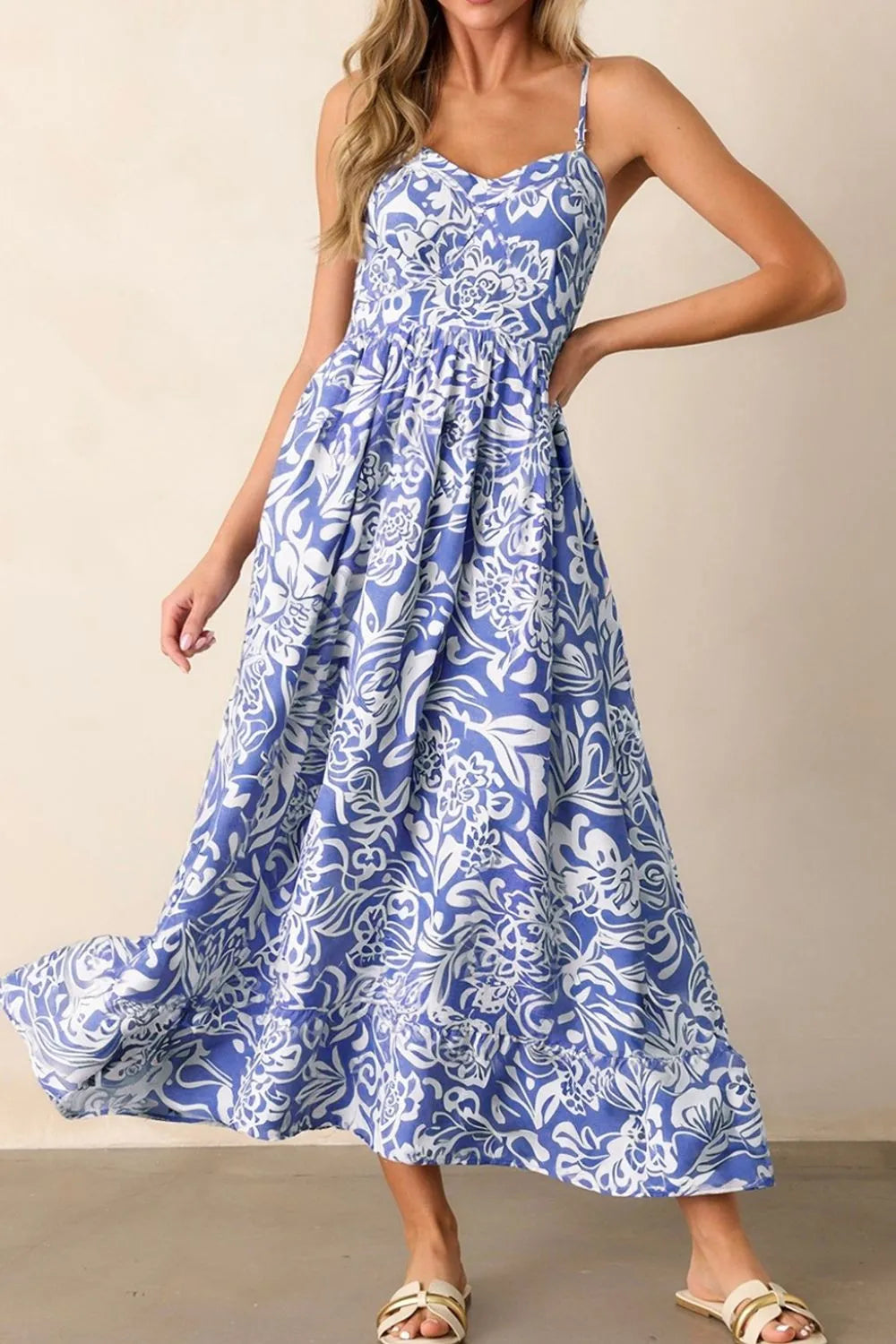 Floral Print Spaghetti Strap High Waist Dress -