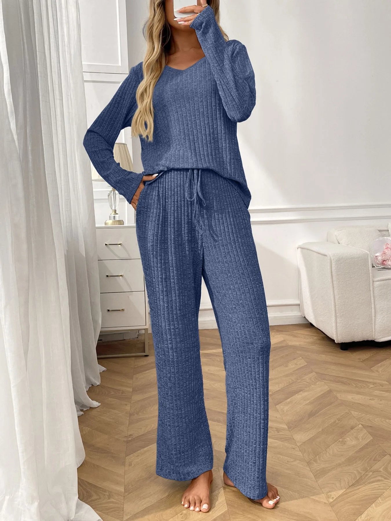 Ribbed Long Sleeve Top and Pants Lounge Set -