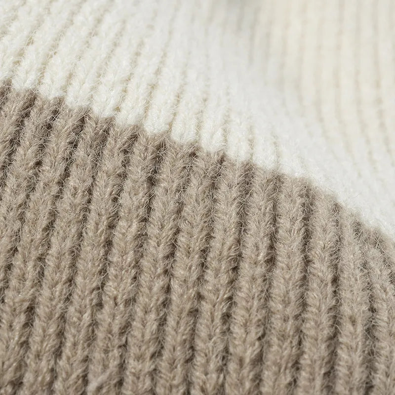 Color Block Knit Hat with Pom-pom -