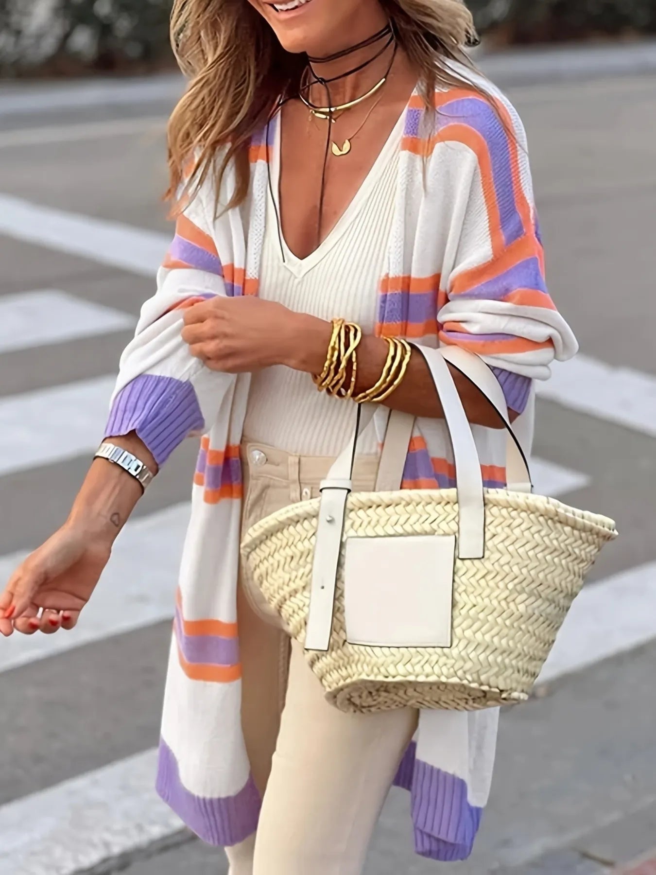 Striped Open Front Longline Cardigan - Lavender