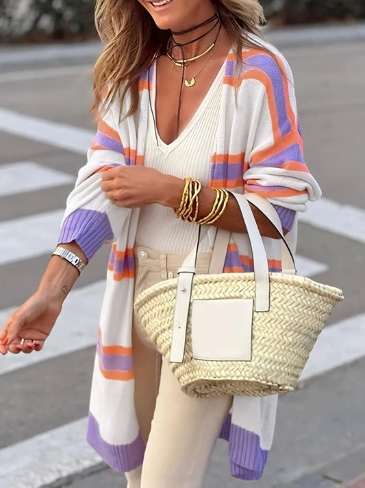 Striped Open Front Longline Cardigan - Lavender