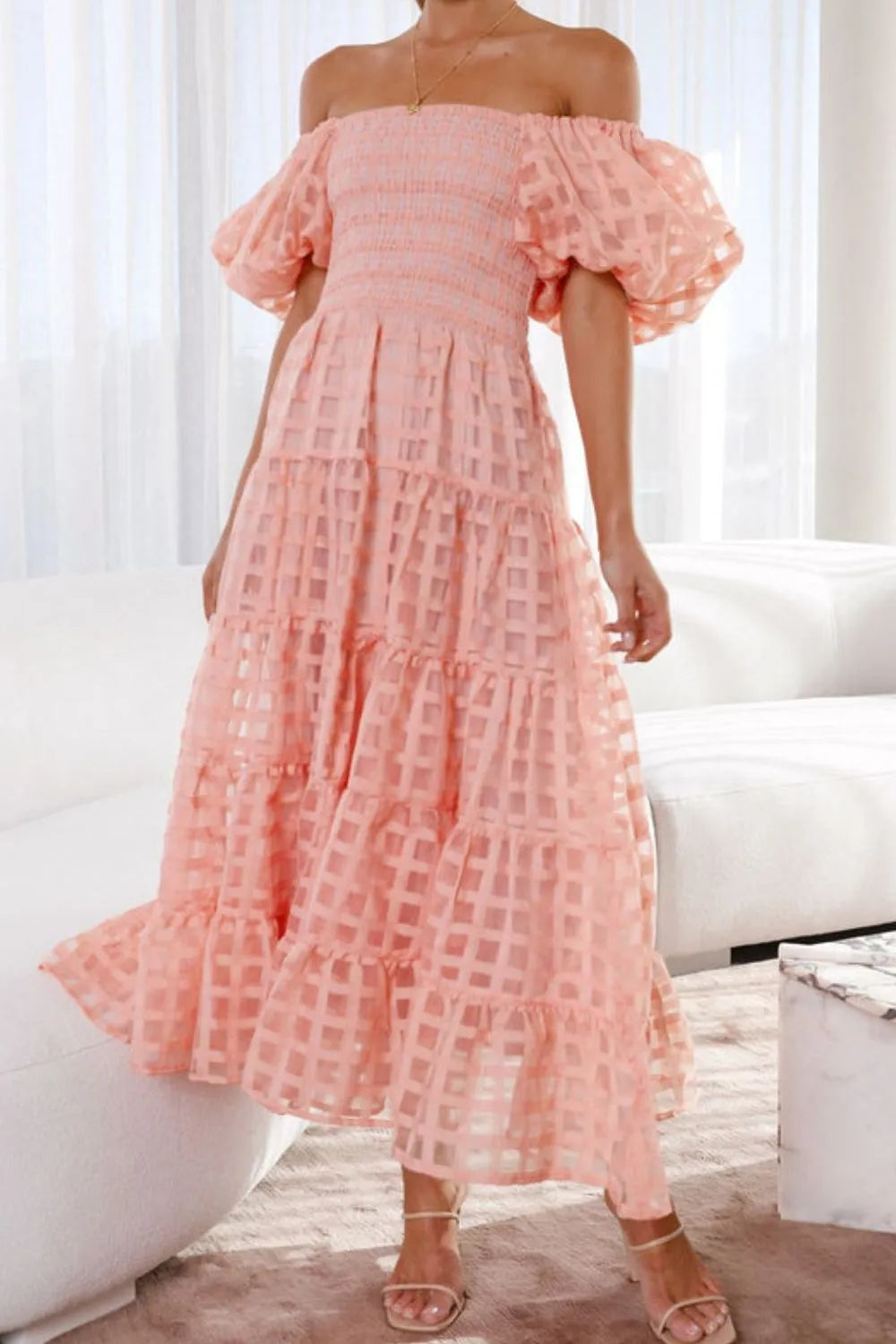 Off Shoulder Short Puff Sleeve Midi Dress - Watermelon Pink
