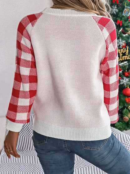 Reindeer Plaid Long Sleeve Sweater - White