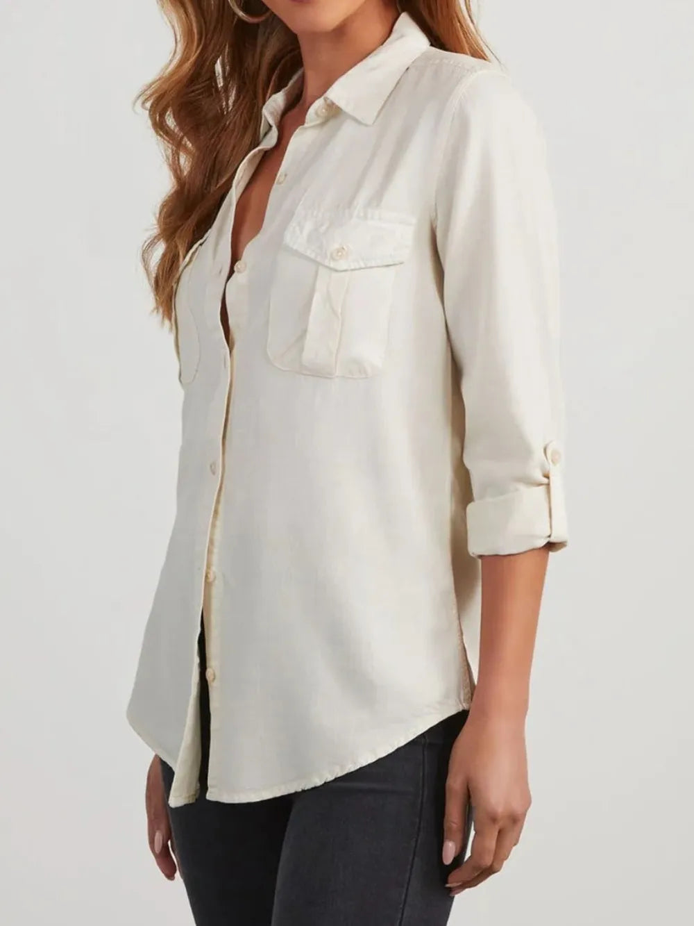 Collared Neck Roll-Tab Sleeve Denim Top -