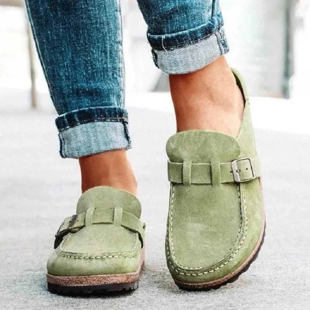 Round Toe Low Heel Buckle Loafers - Sage