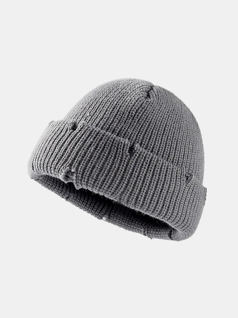 Distressed Cuffed Knit Hat - Gray One Size