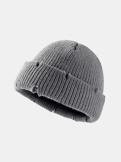 Distressed Cuffed Knit Hat - Gray One Size