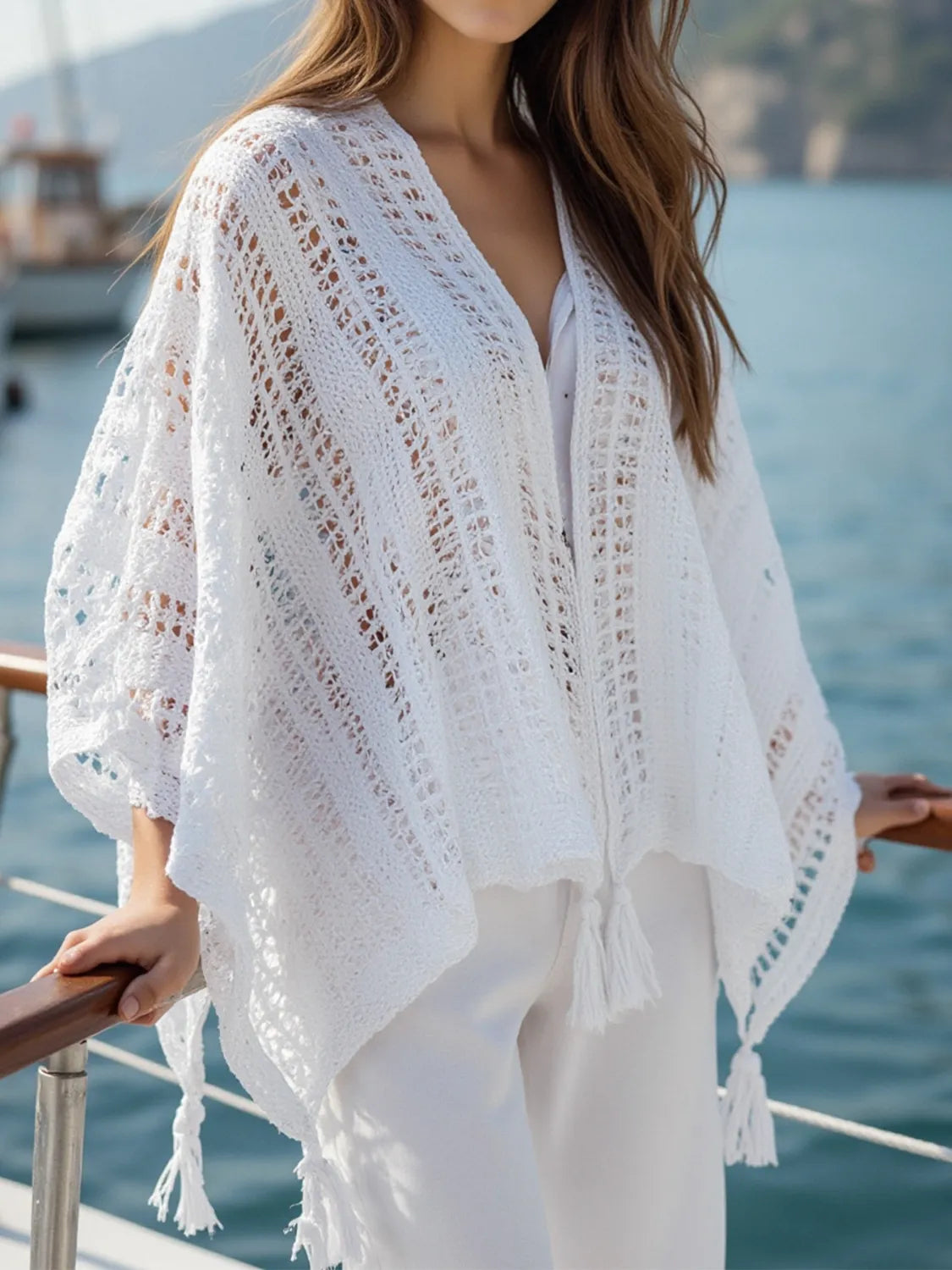 Openwork Tassel Open Front Knit Cover-Up - White One Size