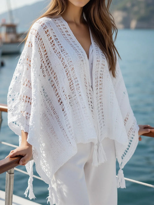 Openwork Tassel Open Front Knit Cover-Up - White One Size